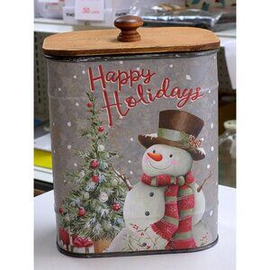 Vintage "Happy Holidays" Tin Canister With Wooden Lid & Snowman Design